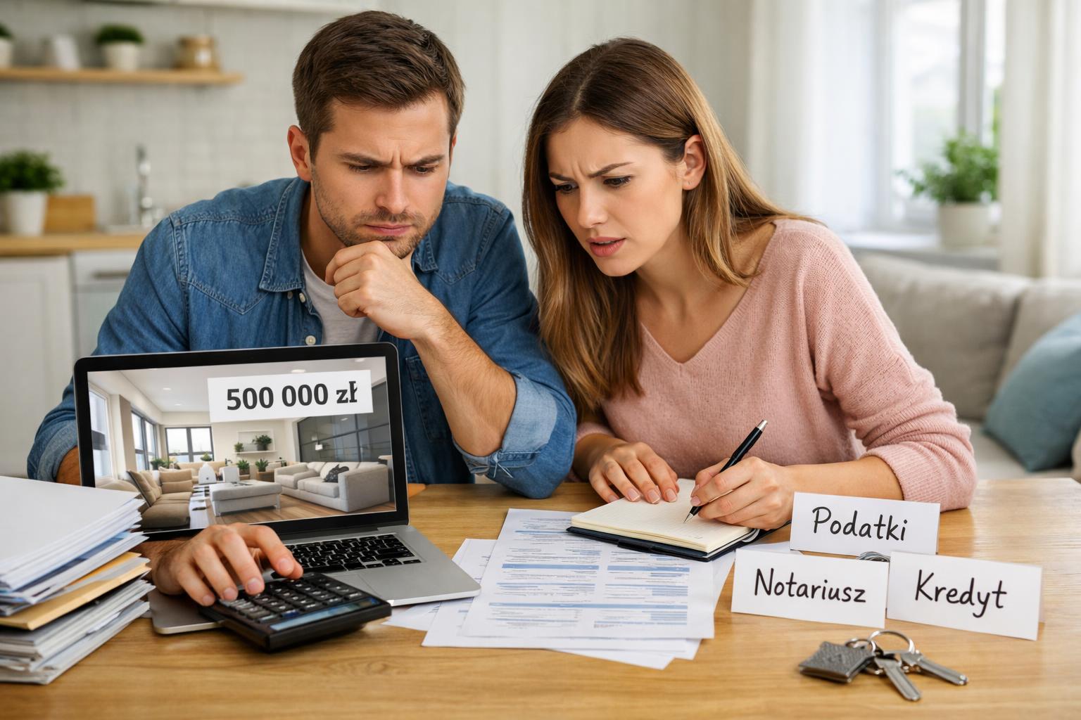 Młoda para analizuje budżet przy stole z laptopem i dokumentami