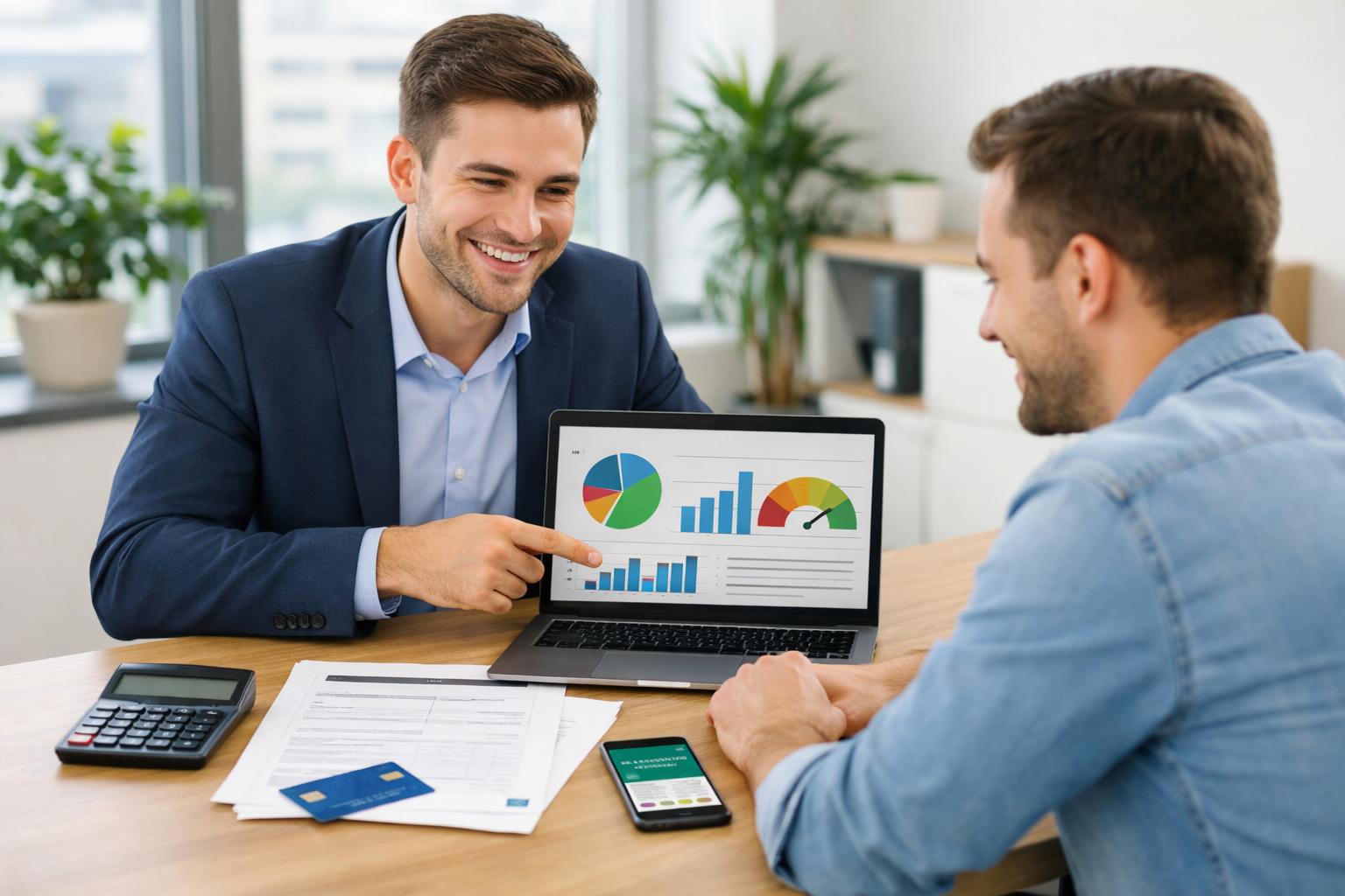 Młody doradca finansowy omawia wykresy z klientem w jasnym biurze