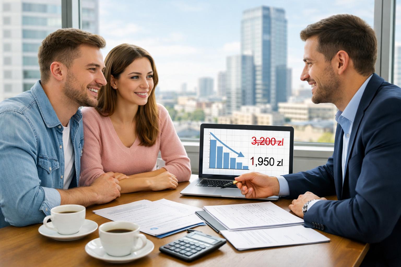 Młoda para z doradcą finansowym analizuje raty kredytu przy laptopie z wykresem