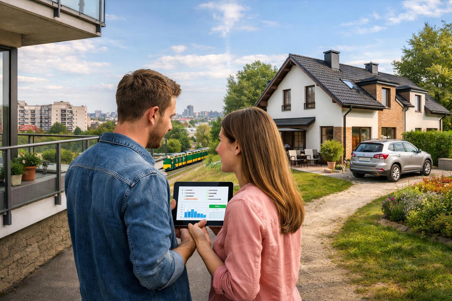 Młoda para rozważa wybór mieszkania w bloku na Ratajach lub segmentu domu pod Poznaniem, korzystając z symulacji kredytu