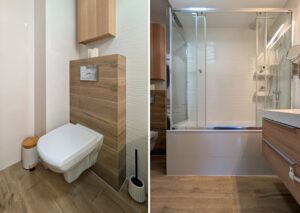 Nowoczesna łazienka z pralką i zabudową, mieszkanie 60m² Poznań Starołęka Dolina.
